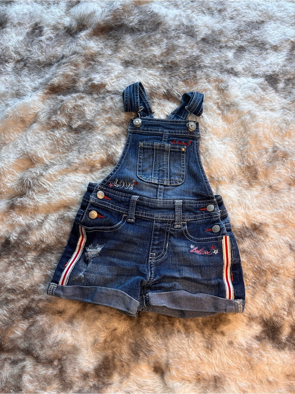 Jordache Dark Denim Girls' Short Overalls with Red-White Stripe Trim
